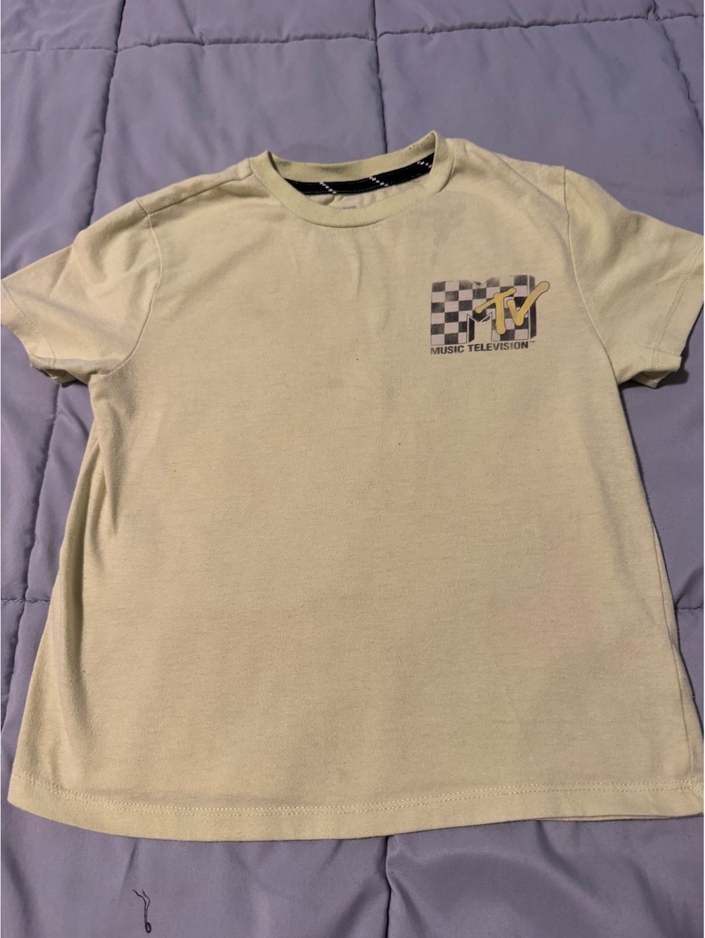 MTV Music Television Graphic TShirt XS Yellow Retro 90s Style Logo All Over Back